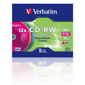 verbatim 43167 - cd-rw 80min 700mb 12x slim - pack de 5 - hi speed colour